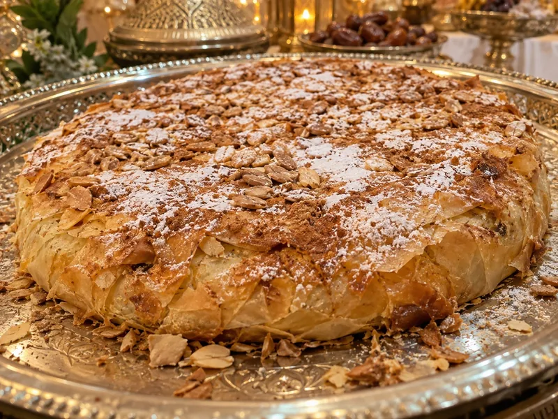 Pastilla marocaine dorée servie sur un plateau argenté